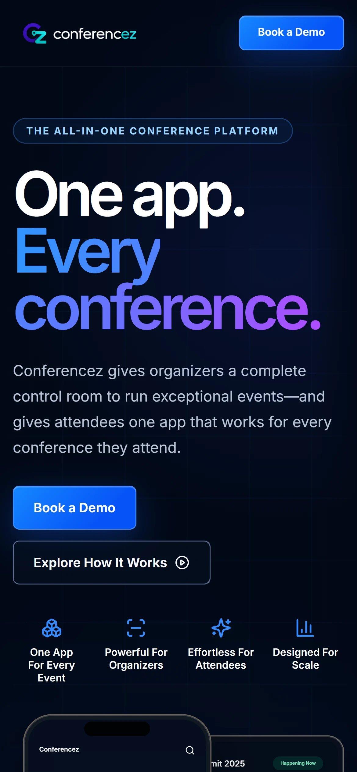 The Conferencez home page on a phone: “One app. Every conference.”