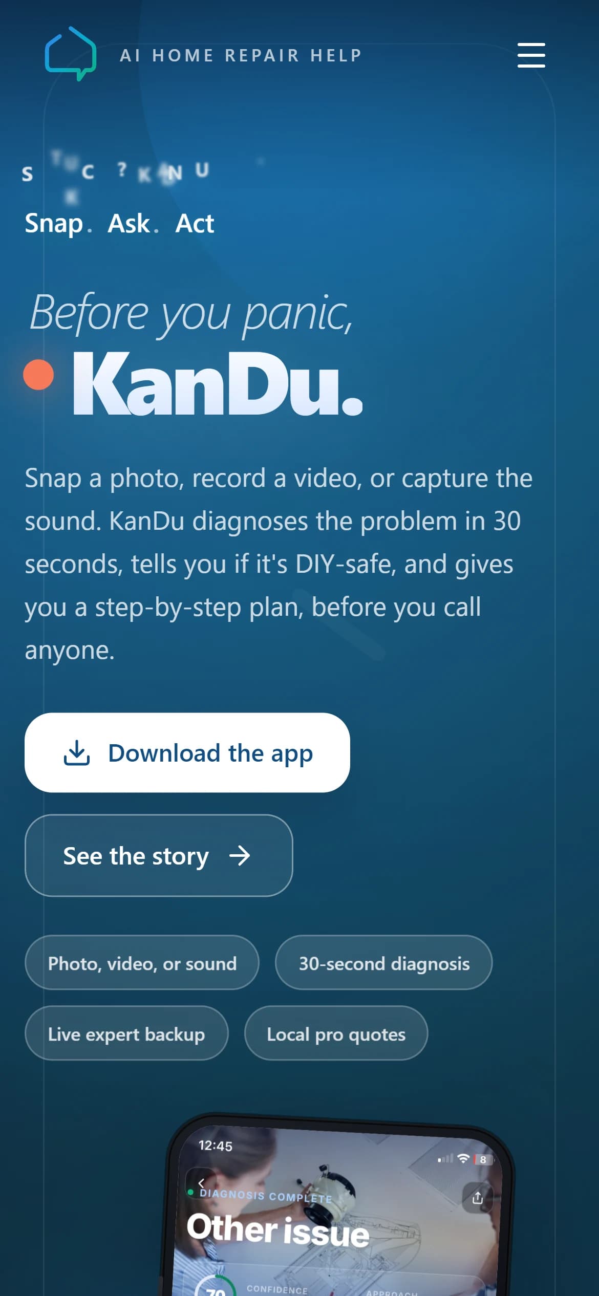The KanDu home page on a phone: “Before you panic, KanDu.”