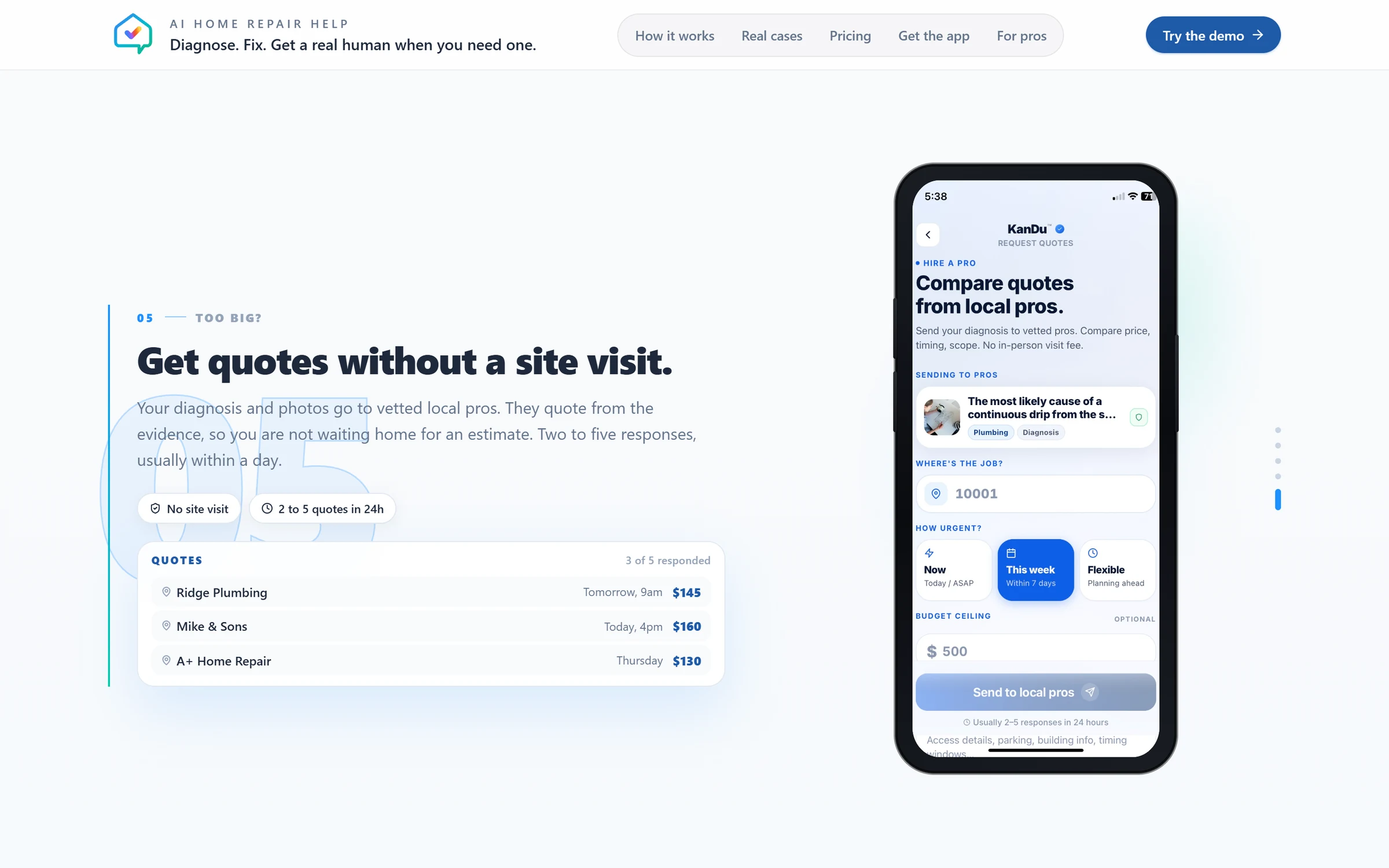 KanDu's quotes step, “Get quotes without a site visit.”, beside a phone showing a quote request.