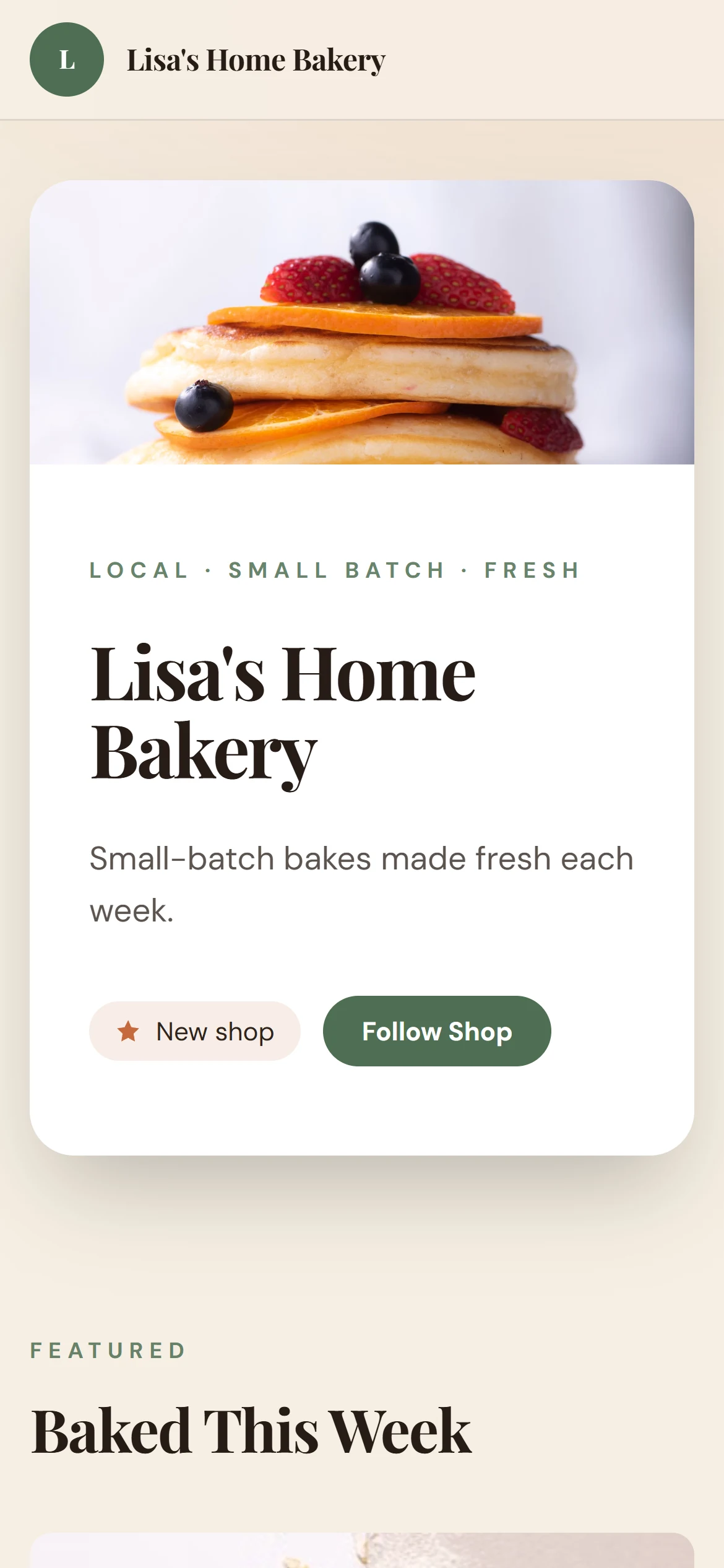 The same example shop, Lisa's Home Bakery, on a phone.